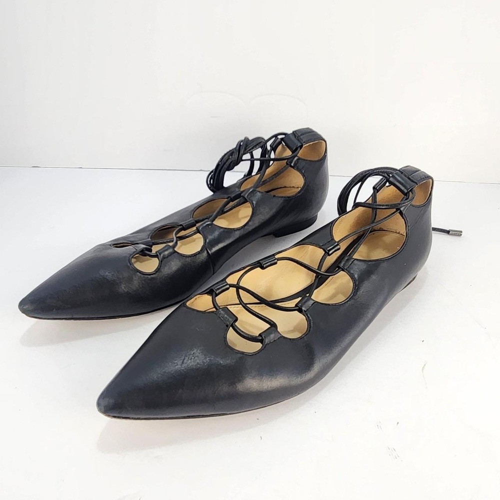 Coach Women's 8.5B Black Leather Pointed Toe Lace-Up Ballet Flats Ankle Wrap
